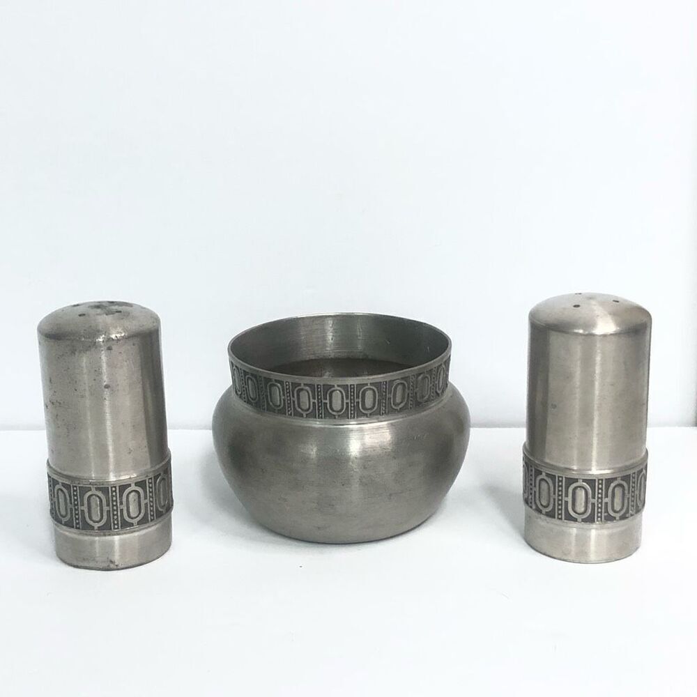 pewter selandia norway art deco design sugar salt and pepper shakers classic mod